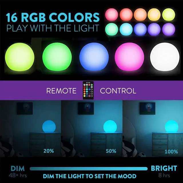 Alt view image 14 of 14 - 6-inch RGB Color-Changing LED Globe Orb Light w/Remote, Mood Lamp Kids Night Light, 16 Dimmable Colors & 4 Modes, Battery & AC Adapter Power, Home Bedroom Patio Pool Decorative Lighting