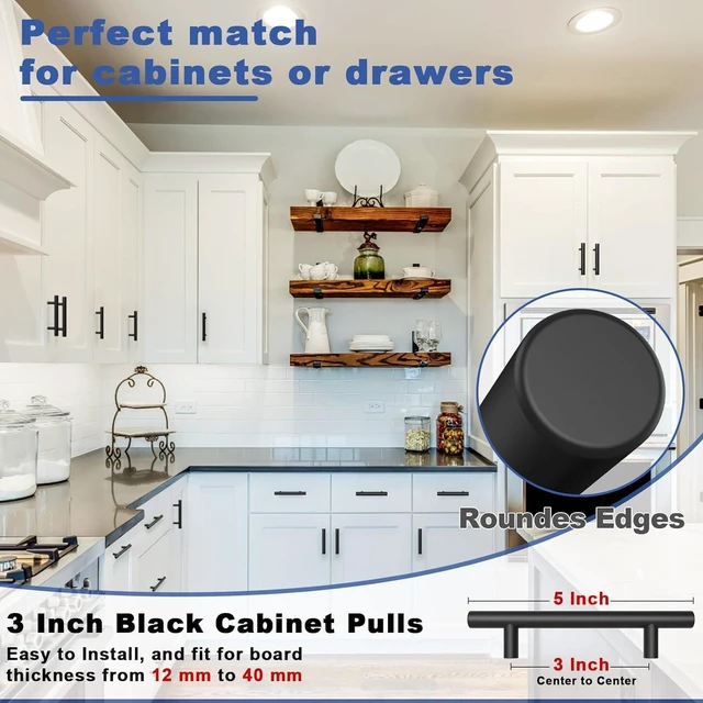 Alt view image 10 of 12 - 30 Pack Cabinet Handles Matte Black Cabinet Pulls with 3 Inch Hole Center, Stainless Steel Kitchen Cabinet Handles Black Kitchen Handles for Cabinets and Drawers, 76mm Hole Centers