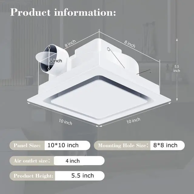 Alt view image 9 of 14 - Bathroom Exhaust Fan 10" Panel | Ultra Quiet without Light(8x8 Mount), 110CFM, 4" Duct for Bathroom/Garage/Home
