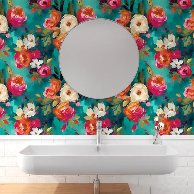 Alt view image 10 of 12 - Floral Wallpaper Peel and Stick Boho Teal Blue 17.5 x 118In | Removable Self Adhesive Renter Friendly Vibrant Watercolor Wall Paper for Bedroom Bathroom Living Room Feature Accent Wall