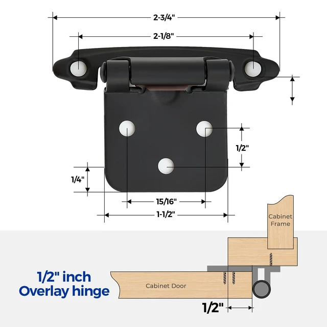 Alt view image 10 of 14 - Black Kitchen Cabinet Hinges, 1/2 Inch Overlay, 50 Pack | Self-Closing Design, Semi Wrap Around Hinge,for Face Frame Cupboard, Matte Black Face Mount Cabinet Hardware,with Screwdriver