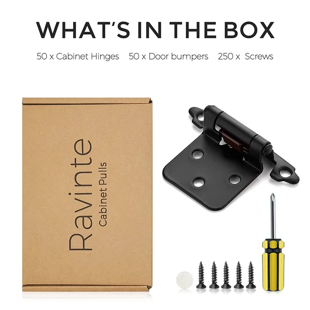 Alt view image 12 of 14 - Black Kitchen Cabinet Hinges, 1/2 Inch Overlay, 50 Pack | Self-Closing Design, Semi Wrap Around Hinge,for Face Frame Cupboard, Matte Black Face Mount Cabinet Hardware,with Screwdriver