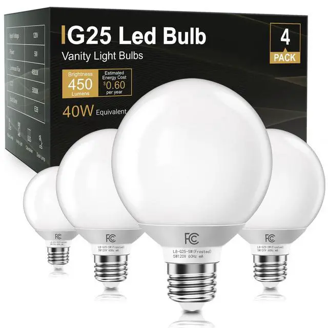 Alt view image 8 of 14 - G25 LED Globe Light Bulbs, Vanity Bulb for Bathroom 40W Equivalent | 5000K Daylight White E26 Base, Round Decorative Bulb for Vanity Makeup Mirror, CRI85+, 450LM, Non-Dimmable, UL, 4 Pack