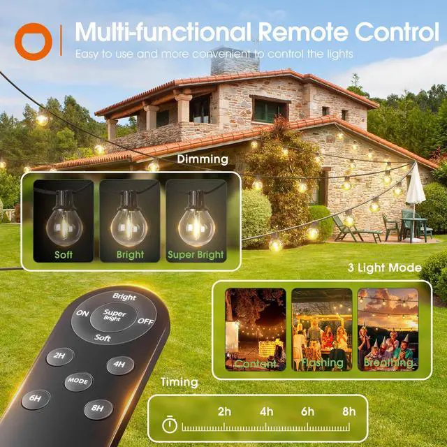 Alt view image 12 of 14 - 56FT(50+6) Solar String Lights Outdoor with Remote, 27 LED G40 Bulbs | Solar Powered & USB Charging Patio Lights, Dimmable Waterproof Solar String Lights for Outside, Camping, Backyard