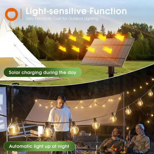 Alt view image 11 of 14 - 56FT(50+6) Solar String Lights Outdoor with Remote, 27 LED G40 Bulbs | Solar Powered & USB Charging Patio Lights, Dimmable Waterproof Solar String Lights for Outside, Camping, Backyard
