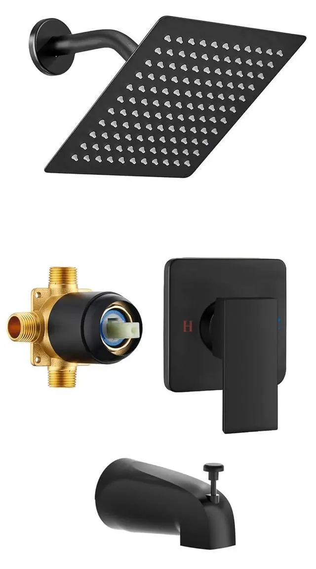 Alt view image 8 of 14 - 8" Square Rainfall Shower Faucet Set with Tub Spout, Matte Black | Wall Mounted, Single Handle, Rough-in Valve, 1/2" NPT, Air Pressure Boost