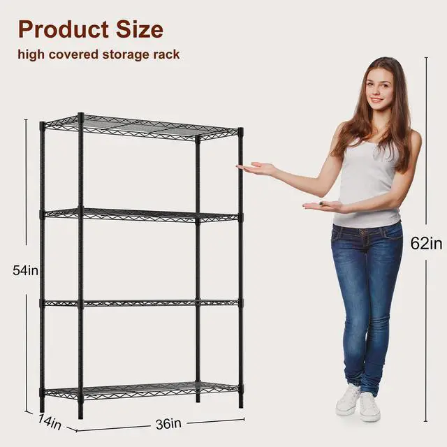 Alt view image 10 of 14 - 4-Tier Wire Shelf | 36" x 14" x 54" | Black | Storage Shelves with Adjustable Racks, Holds upto 1000 lbs | Rust-Resistant, No-Tool Assembly | For Home, Garage