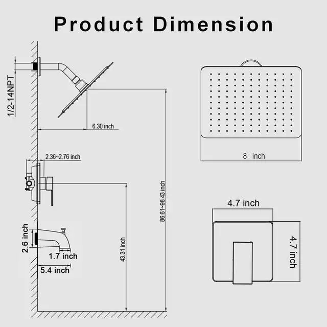 Alt view image 11 of 14 - 8" Square Rainfall Shower Faucet Set with Tub Spout, Matte Black | Wall Mounted, Single Handle, Rough-in Valve, 1/2" NPT, Air Pressure Boost