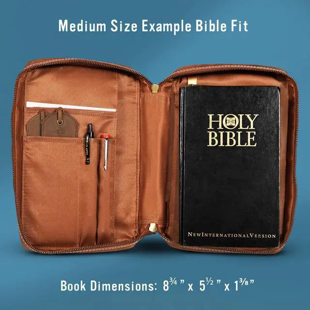 Alt view image 11 of 12 - Bible Covers for Men and Women - Top Grain Buffalo Leather - Genuine Leather Bible Cover with Pockets, Zipper, and Bookmark - Bible case - Book Cover - Medium Light Brown