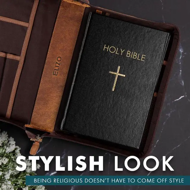 Alt view image 9 of 14 - Leather Bible Cover Bible Case for Men Women Genuine Leather Bible Bag Holder Cross Large Carrying with Zipper Case Protector Christian Religious Gifts for Mens Pioneer Saddle Green Study/Large