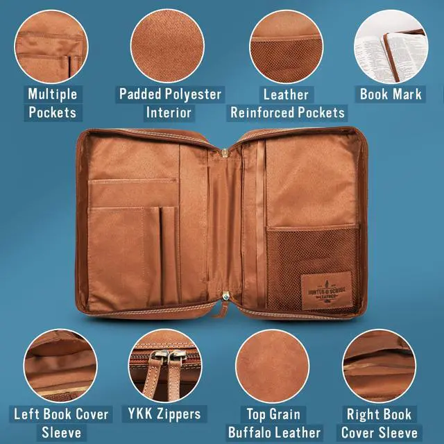 Alt view image 8 of 12 - Bible Covers for Men and Women - Top Grain Buffalo Leather - Genuine Leather Bible Cover with Pockets, Zipper, and Bookmark - Bible case - Book Cover - Medium Light Brown
