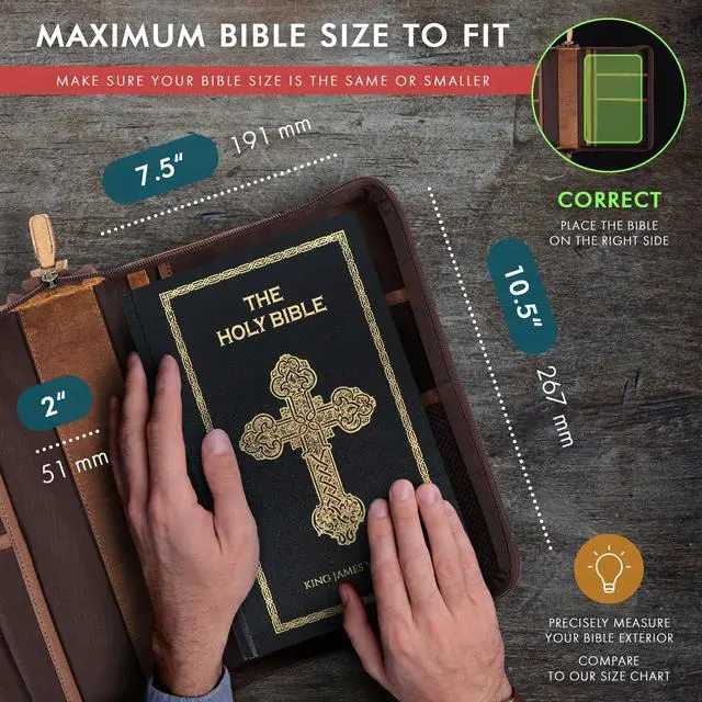Alt view image 11 of 14 - Leather Bible Cover Bible Case for Men Women Genuine Leather Bible Bag Holder Cross Large Carrying with Zipper Case Protector Christian Religious Gifts for Mens Pioneer Saddle Green Study/Large