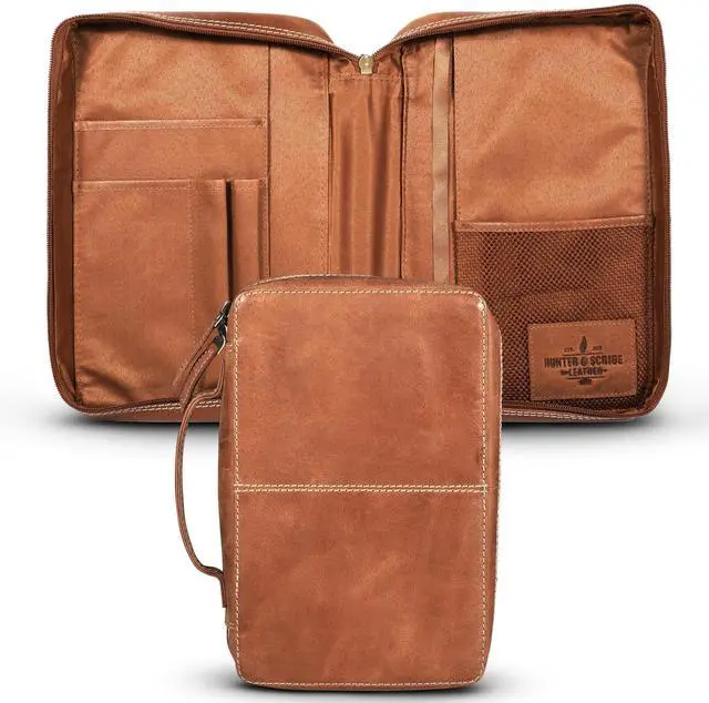 Alt view image 7 of 12 - Bible Covers for Men and Women - Top Grain Buffalo Leather - Genuine Leather Bible Cover with Pockets, Zipper, and Bookmark - Bible case - Book Cover - Medium Light Brown