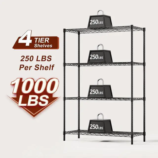 Alt view image 11 of 14 - 4-Tier Wire Shelf | 36" x 14" x 54" | Black | Storage Shelves with Adjustable Racks, Holds upto 1000 lbs | Rust-Resistant, No-Tool Assembly | For Home, Garage