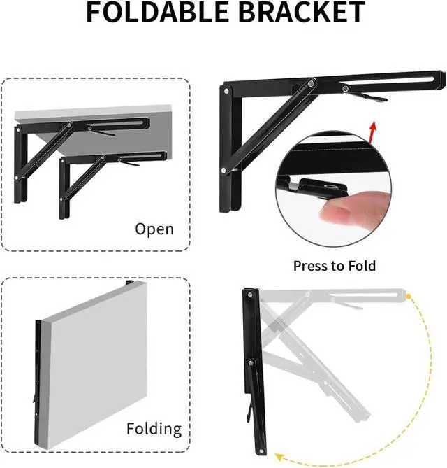 Alt view image 10 of 14 - 16 Inch Folding Shelf Bracket, Heavy Duty L Bracket, Black, 2 Pack | High-Quality Metal, 330 LB Load Capacity, Foldable Locking Design, Easy Release Lever, Easy Installation, Includes Hardware