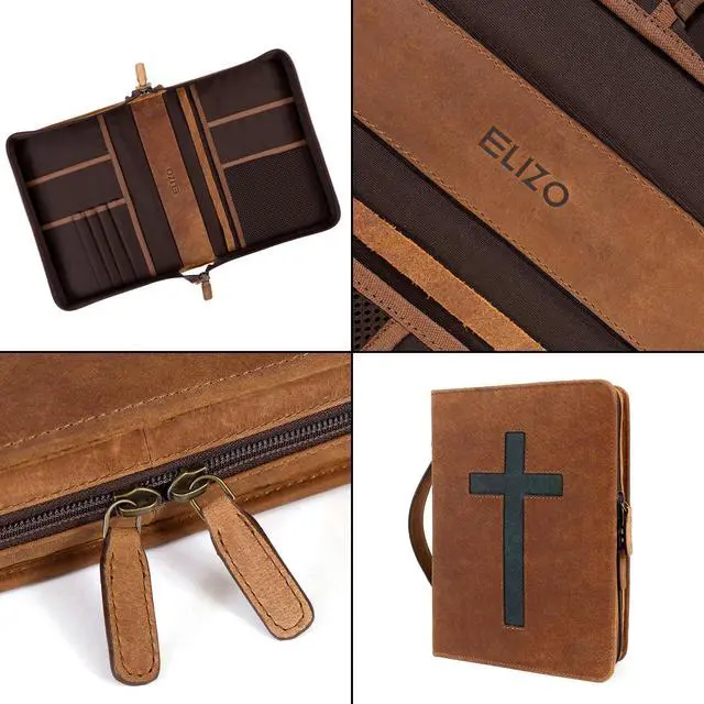 Alt view image 14 of 14 - Leather Bible Cover Bible Case for Men Women Genuine Leather Bible Bag Holder Cross Large Carrying with Zipper Case Protector Christian Religious Gifts for Mens Pioneer Saddle Green Study/Large
