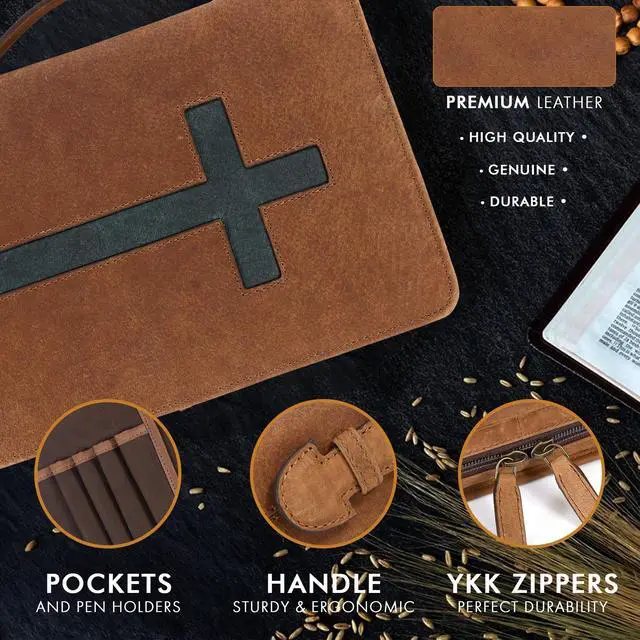 Alt view image 13 of 14 - Leather Bible Cover Bible Case for Men Women Genuine Leather Bible Bag Holder Cross Large Carrying with Zipper Case Protector Christian Religious Gifts for Mens Pioneer Saddle Green Study/Large