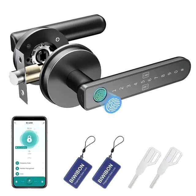 Alt view image 8 of 14 - Fingerprint Door Lock Fingerprint Door Knob with 5 Unlock Options, Anti-Peep Code, Adjustable Auto-Lock, Inside Lock, for Home, Office, Apartment, Bedroom Black