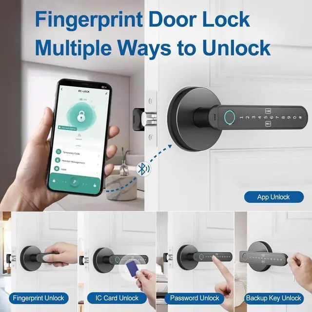 Alt view image 9 of 14 - Fingerprint Door Lock Fingerprint Door Knob with 5 Unlock Options, Anti-Peep Code, Adjustable Auto-Lock, Inside Lock, for Home, Office, Apartment, Bedroom Black