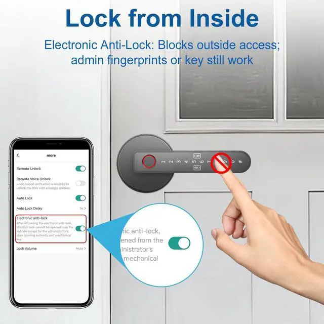Alt view image 12 of 14 - Fingerprint Door Lock Fingerprint Door Knob with 5 Unlock Options, Anti-Peep Code, Adjustable Auto-Lock, Inside Lock, for Home, Office, Apartment, Bedroom Black