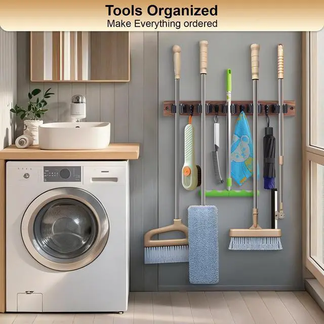 Alt view image 9 of 14 - Broom Holder Wall Mount With 5 Slots & 4 HooksRustic Wood Broom & Mop HangerWall Mounted Garden & Garage Tool Storage Organizer Rack for Closet Laundry Room or Kitchen Wall Decor