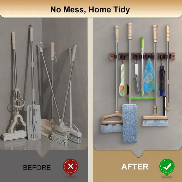 Alt view image 11 of 14 - Broom Holder Wall Mount With 5 Slots & 4 HooksRustic Wood Broom & Mop HangerWall Mounted Garden & Garage Tool Storage Organizer Rack for Closet Laundry Room or Kitchen Wall Decor