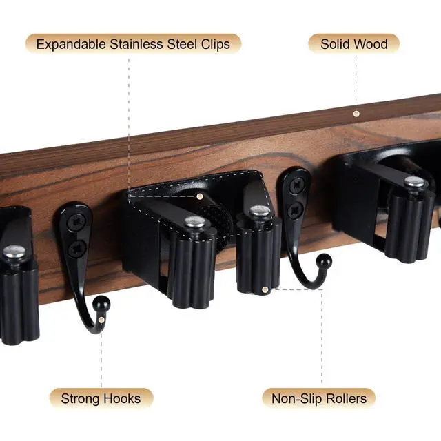Alt view image 12 of 14 - Broom Holder Wall Mount With 5 Slots & 4 HooksRustic Wood Broom & Mop HangerWall Mounted Garden & Garage Tool Storage Organizer Rack for Closet Laundry Room or Kitchen Wall Decor
