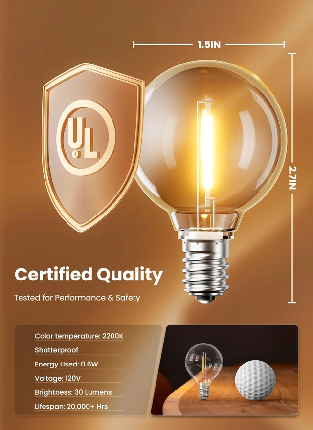 Alt view image 10 of 14 - 25 Pack G40 LED Replacement Bulbs, E12 Base, 2200K, Warm White | Shatterproof Plastic LED Light Bulb, Waterproof, Dimmable, 1.5" Edison Light Bulbs for Indoor Outdoor Patio Backyard Decor