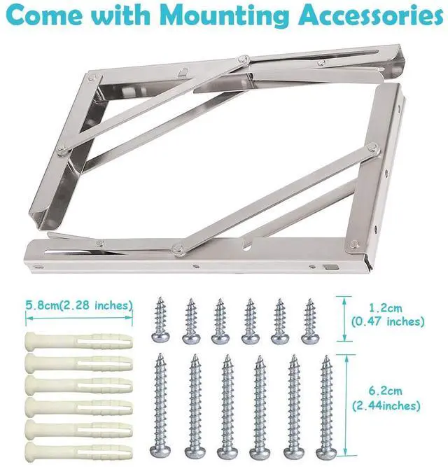 Alt view image 13 of 14 - CLT 20'' Folding Shelf Brackets Max. Load 440 lb, Heavy Duty Stainless Steel DIY Wall Mounted Shelf Bracket Space Saving for Table Work Bench, Pack of 2