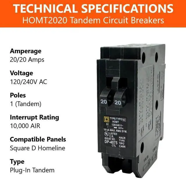 Alt view image 9 of 14 - Genuine Square D HOMT2020 20/20 Amp Tandem Circuit Breaker Kit | UL Listed, Space Saver for Homeline Panel Box, Workshop, Garage, RV, 20A, 120V, 10kAIC, 20Amp, 1 Pole HOMT, 1 Pack
