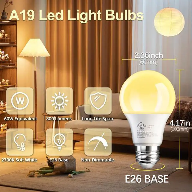 Alt view image 9 of 14 - 24 Pack A19 LED Light Bulbs Soft Warm White 2700K, 60 Watt Equivalent | 9W Non-Dimmable E26 Base Energy Saving Warm Light Lamp Bulb, 800LM 120V, for Home, Bedroom, Living Room