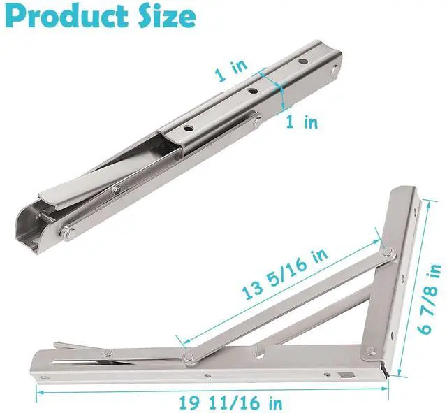 Alt view image 14 of 14 - CLT 20'' Folding Shelf Brackets Max. Load 440 lb, Heavy Duty Stainless Steel DIY Wall Mounted Shelf Bracket Space Saving for Table Work Bench, Pack of 2