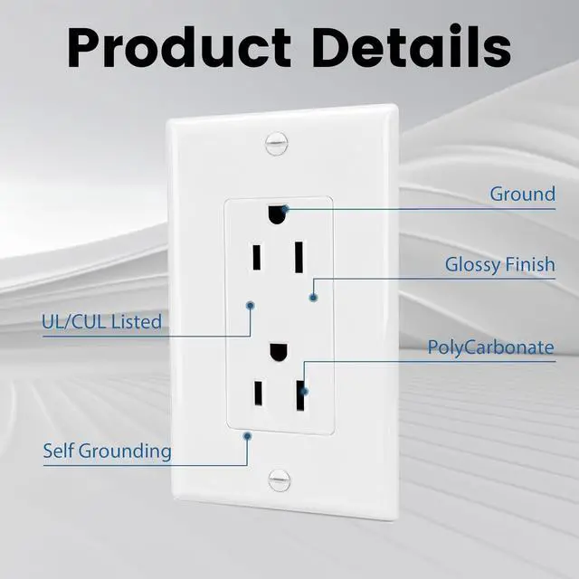 Alt view image 12 of 14 - Decorator Receptacle Outlet with Wall Plate, Non-Tamper-Resistant Electrical Outlet, 15 amp Outlet, Self-Grounding, UL Listed, White (20 Pack)