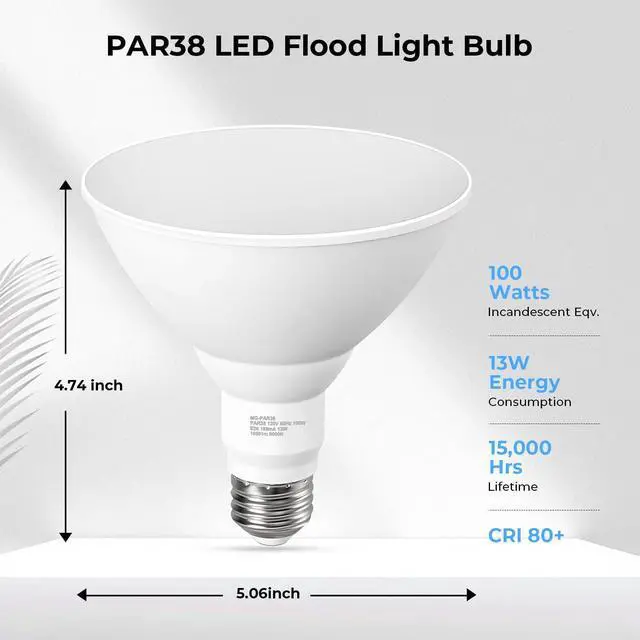 Alt view image 9 of 14 - LED Flood Light Bulbs, PAR38 Outdoor Flood Light Bulb 5000K,13W 100W Equivalent, Daylight White LED Floodlight Dimmable, Waterproof for Porch Yard Garage, E26 Base, 15,000 Hrs, 2 Pack