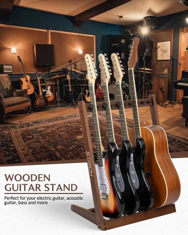 Alt view image 9 of 14 - Wooden Guitar Stand Multiple Guitars, Guitar Rack for 3 Acoustic or 5 Electric Guitars & Basses, Floor Standing Multi Guitar Display for Studio & Home - Protective Padding, SMT-10 (5-Holder)