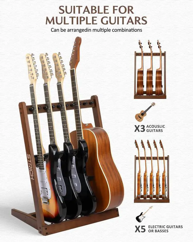 Alt view image 10 of 14 - Wooden Guitar Stand Multiple Guitars, Guitar Rack for 3 Acoustic or 5 Electric Guitars & Basses, Floor Standing Multi Guitar Display for Studio & Home - Protective Padding, SMT-10 (5-Holder)