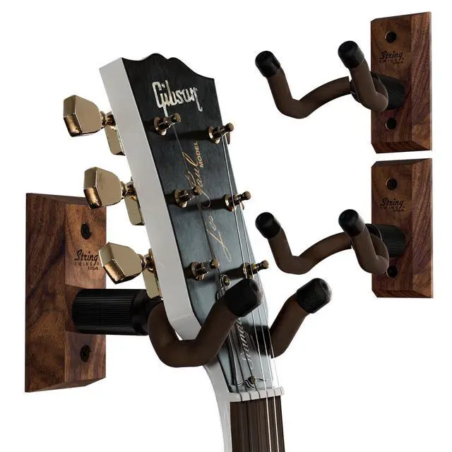 Alt view image 8 of 14 - Guitar Wall Mount 3 Pack, Hangers, Holder Hook for Wall, Fits All Size Acoustic, Electric, Bass - Black Walnut Hardwood, Made in USA