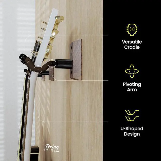 Alt view image 10 of 14 - Guitar Wall Mount 3 Pack, Hangers, Holder Hook for Wall, Fits All Size Acoustic, Electric, Bass - Black Walnut Hardwood, Made in USA