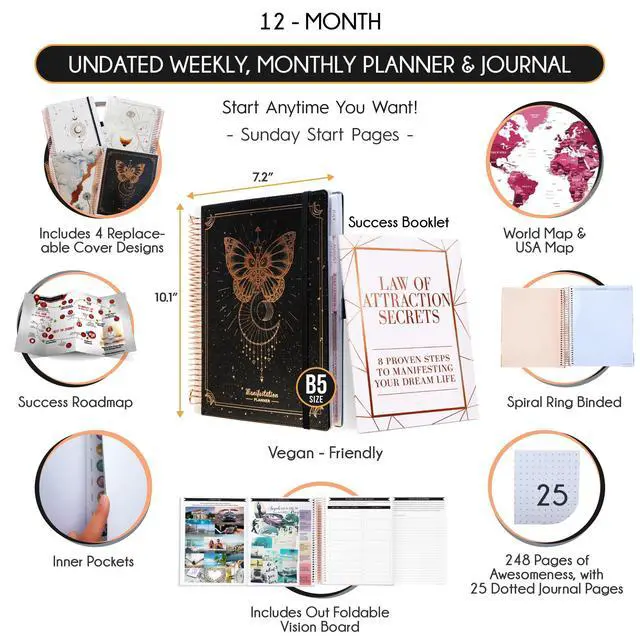 Alt view image 9 of 14 - Manifestation Journal Hourly, Weekly & Monthly Planner | 12-Month to Increase Productivity, Life Organizer & Goal Planner | Spiral Journal, Habit Tracker, Foldable Vision Board, Gift Box & Stickers