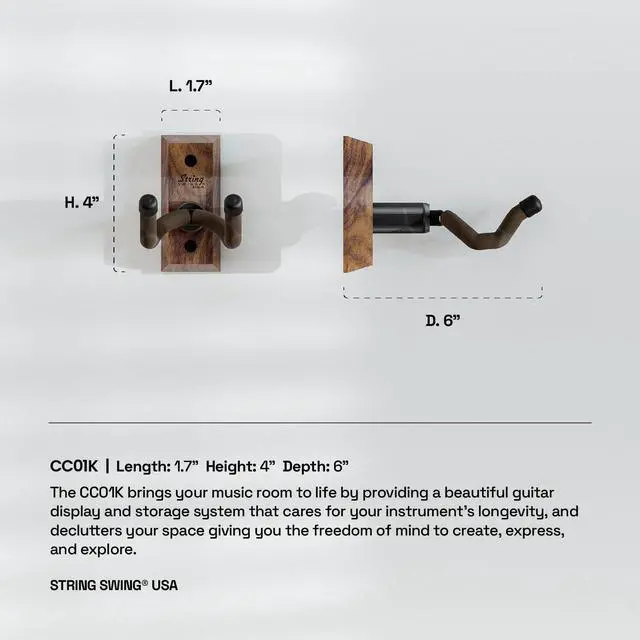 Alt view image 13 of 14 - Guitar Wall Mount 3 Pack, Hangers, Holder Hook for Wall, Fits All Size Acoustic, Electric, Bass - Black Walnut Hardwood, Made in USA