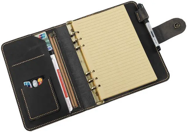 Alt view image 5 of 8 - Leather A5 binder planner, Refillable leather journal, Leather notebook, A5 ring binder, Custom gift for him, Leadership Gifts, Corporate Gifts for Clients (Black)