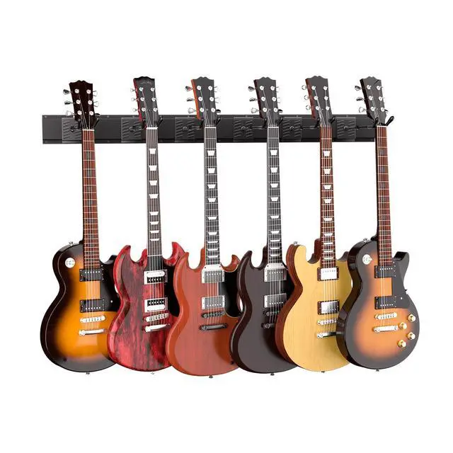 Alt view image 8 of 14 - Guitar Wall Mount, Woodgrain Rack with 6 Adjustable Guitar Hangers, Guitar Wall Hanger with Pre-Drilled Holes, 48" Alloy Steel Multiple Guitar Holder Stand,Black