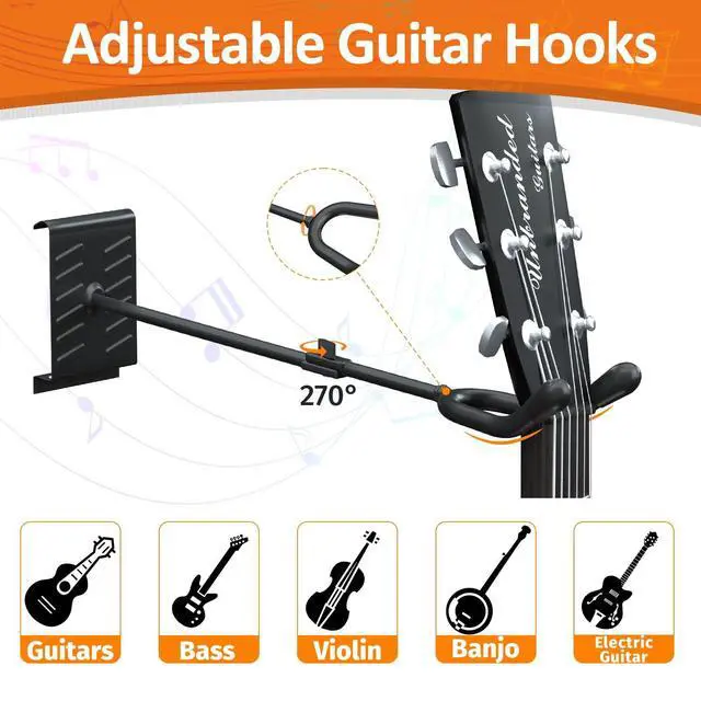 Alt view image 10 of 14 - Guitar Wall Mount, Woodgrain Rack with 6 Adjustable Guitar Hangers, Guitar Wall Hanger with Pre-Drilled Holes, 48" Alloy Steel Multiple Guitar Holder Stand,Black