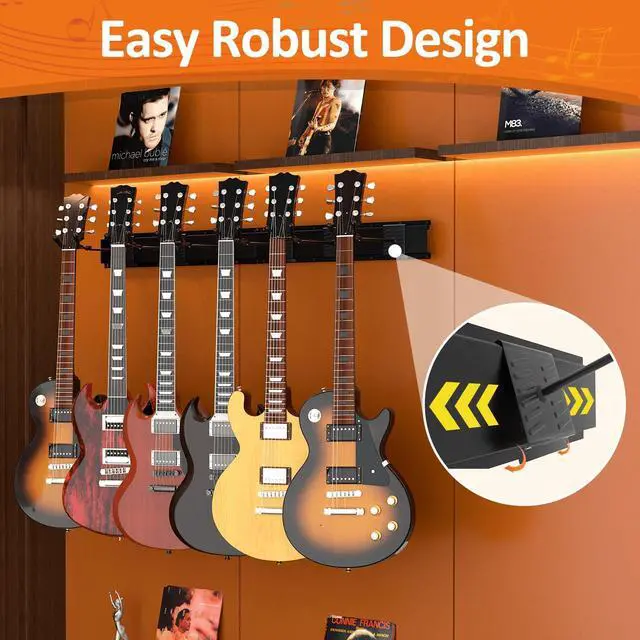 Alt view image 11 of 14 - Guitar Wall Mount, Woodgrain Rack with 6 Adjustable Guitar Hangers, Guitar Wall Hanger with Pre-Drilled Holes, 48" Alloy Steel Multiple Guitar Holder Stand,Black
