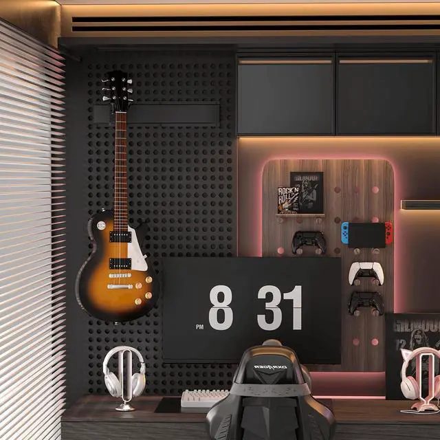 Alt view image 14 of 14 - Guitar Wall Mount, Woodgrain Rack with 6 Adjustable Guitar Hangers, Guitar Wall Hanger with Pre-Drilled Holes, 48" Alloy Steel Multiple Guitar Holder Stand,Black
