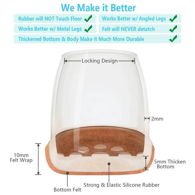 Alt view image 11 of 14 - 16 Pack Chair Leg Floor Protectors for Hardwood Floors, Round Rubber Furniture Sliders, 360°Felt Pad Bottom Wrapped Thickening Silicone Furniture Legs Caps Covers(Square,Clear-Brown-L)