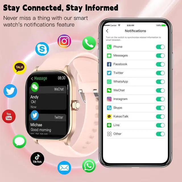 Alt view image 8 of 10 - Smart Watch for Women Men (Answer/Make Call), Smartwatches with Heart Rate/SpO2/Sleep/Stress Monitor, IP68 Waterproof Activity Tracker for Android iPhone, 100+ Sports Fitness Watches (Pink, 1.85")