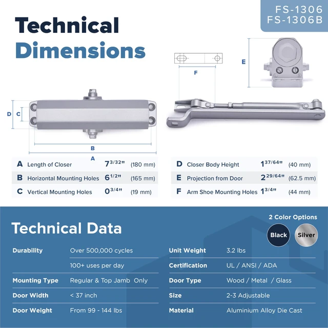Alt view image 14 of 14 - Automatic Door Closer (Silver), FS-1306 Residential Hydraulic Auto Door Closer, Grade 3 Self Closing Spring Hinge, UL Listed & ADA Soft Closers No Slam, for Home & Interior Garage Doors Closure