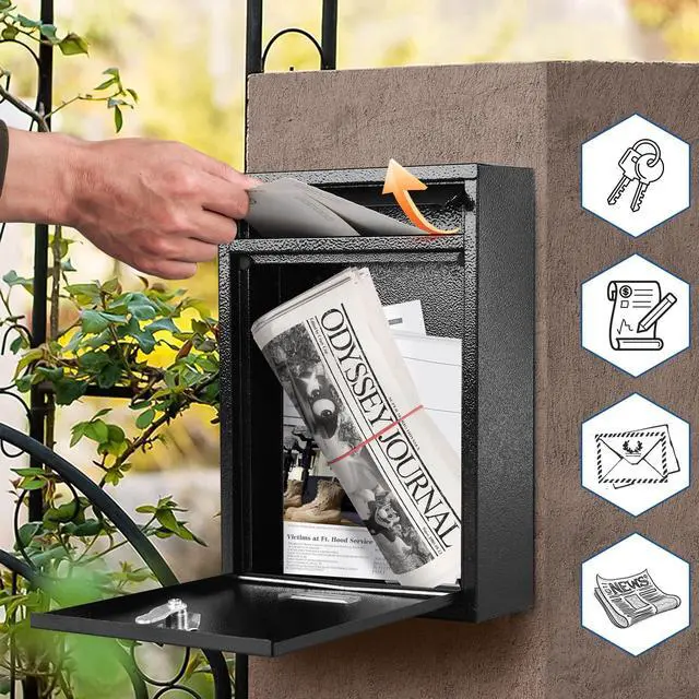 Alt view image 11 of 14 - Mailbox for Outside, Wall Mount Locking Mailbox, Security Drop Box with Key Lock for Letters, Cash, Cards, Steel Mail Box for House Office School, 12.4H x 8.54L x 3.35W Inches, Black