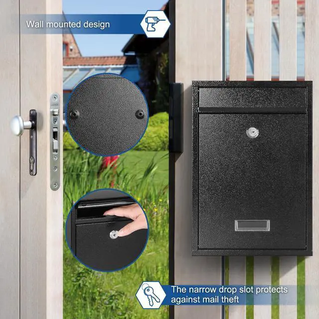 Alt view image 14 of 14 - Mailbox for Outside, Wall Mount Locking Mailbox, Security Drop Box with Key Lock for Letters, Cash, Cards, Steel Mail Box for House Office School, 12.4H x 8.54L x 3.35W Inches, Black
